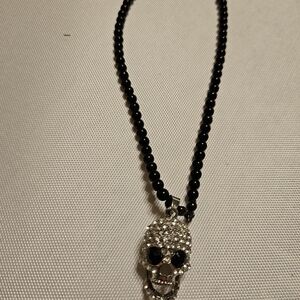 Black Beaded Skull Pendant Necklace